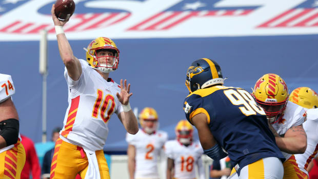 Apr 15, 2023; Memphis, TN, USA; Philadelphia Stars quarterback Case Cookus (10) passes the ball during the first half against the Memphis Showboats at Simmons Bank Liberty Stadium. Mandatory Credit: Petre Thomas-USA TODAY Sports  